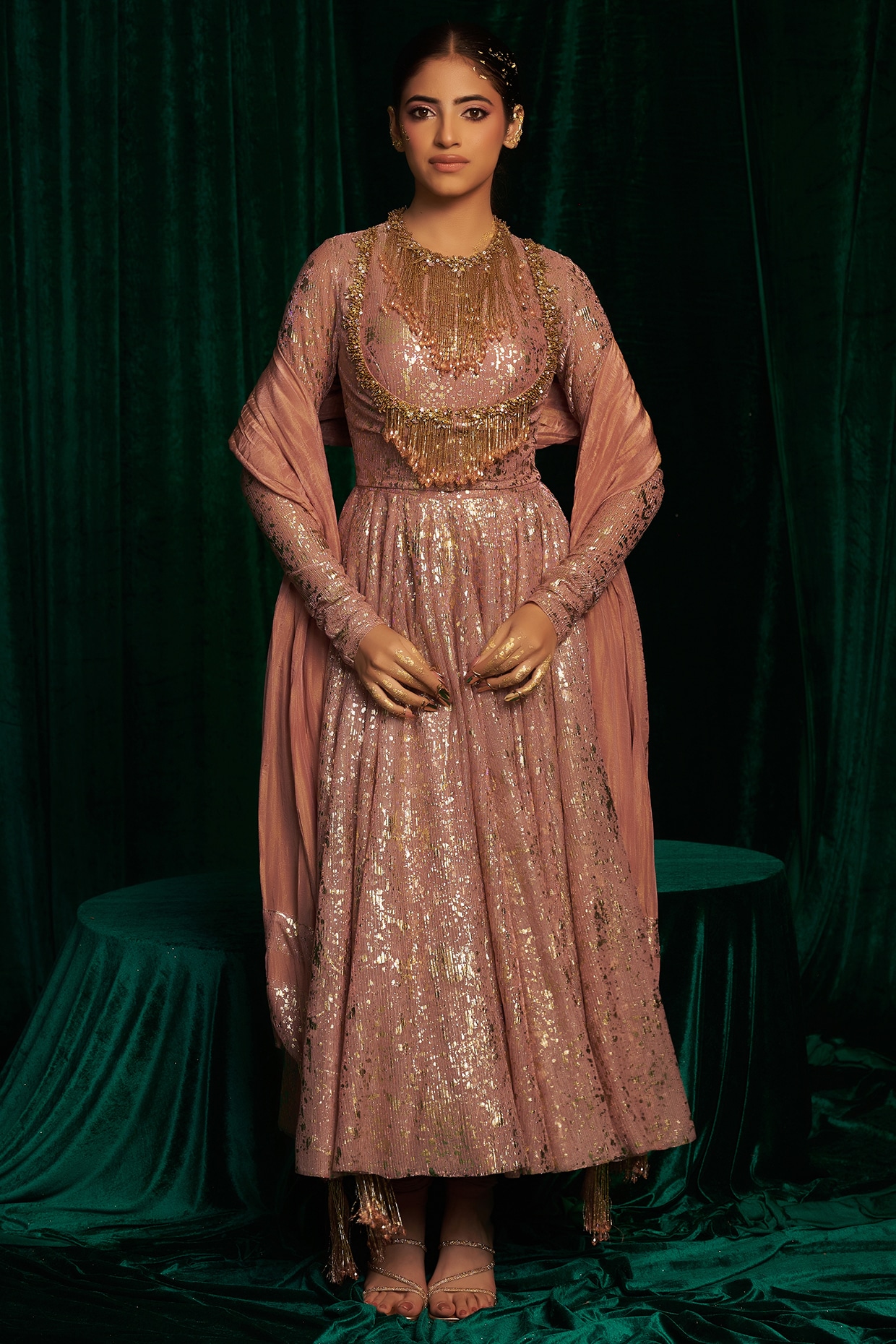 MEHAK MAKHIJA Pink Crinkle Foil Sequins & Tassel Embroidered Jacket Anarkali Set