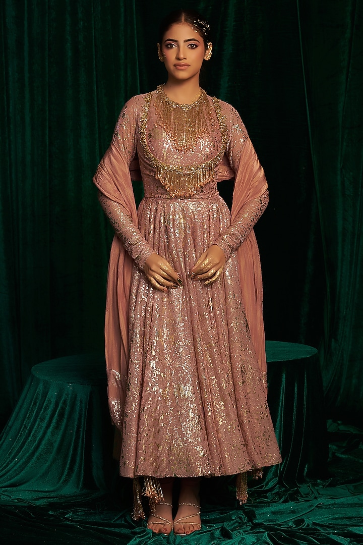Pink Crinkle Foil Sequins & Tassel Embroidered Jacket Wedding Anarkali Set by MEHAK MAKHIJA at Pernia's Pop Up Shop