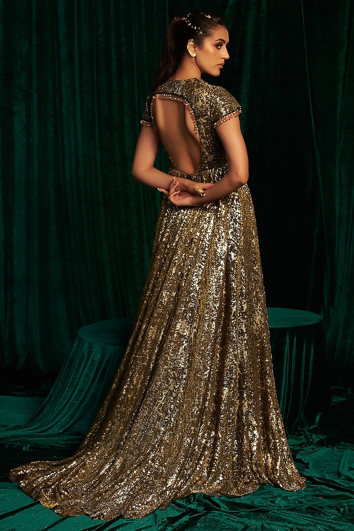 Black Crinkle Foil Sequin & Tassel Embroidered Pleated Wedding Anarkali by MEHAK MAKHIJA at Pernia's Pop Up Shop