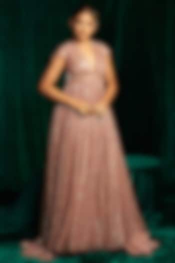 Pink Crinkle Foil Sequin & Tassel Embroidered Pleated Wedding Anarkali by MEHAK MAKHIJA at Pernia's Pop Up Shop