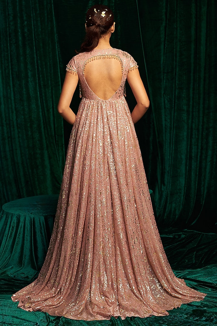 Pink Crinkle Foil Sequin & Tassel Embroidered Pleated Wedding Anarkali by MEHAK MAKHIJA at Pernia's Pop Up Shop