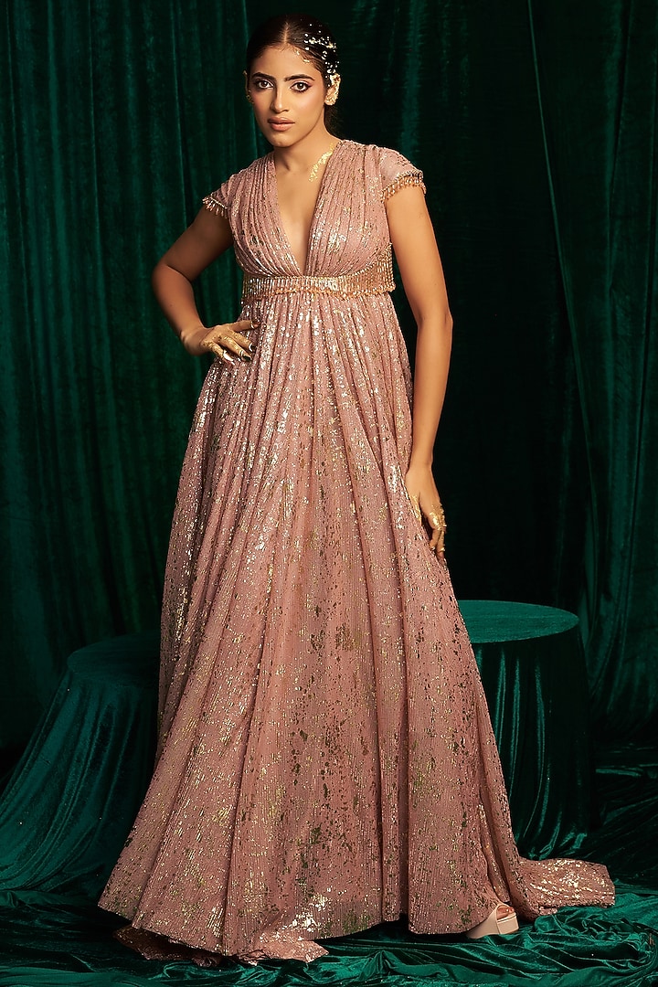 Pink Crinkle Foil Sequin & Tassel Embroidered Pleated Wedding Anarkali by MEHAK MAKHIJA at Pernia's Pop Up Shop