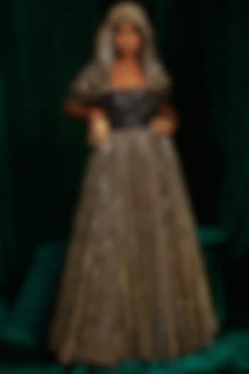 Black Crinkle Foil Sequins Embroidered Corset Wedding Anarkali by MEHAK MAKHIJA at Pernia's Pop Up Shop