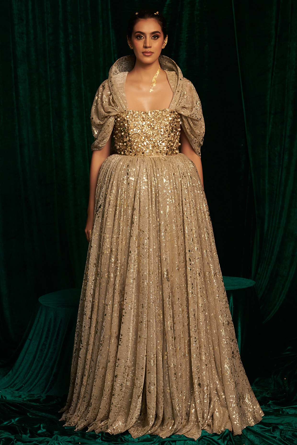 MEHAK MAKHIJA Gold Crinkle Foil Sequins Embroidered Corset Anarkali