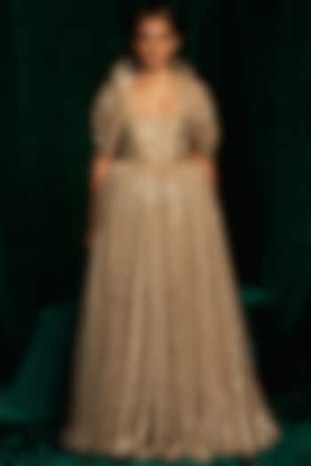 Gold Crinkle Foil Sequins Embroidered Corset Wedding Anarkali by MEHAK MAKHIJA at Pernia's Pop Up Shop
