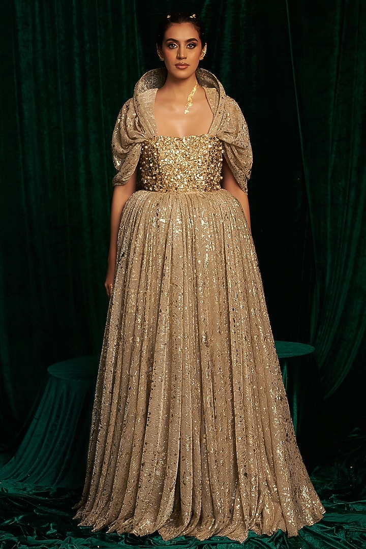 Gold Crinkle Foil Sequins Embroidered Corset Wedding Anarkali by MEHAK MAKHIJA at Pernia's Pop Up Shop