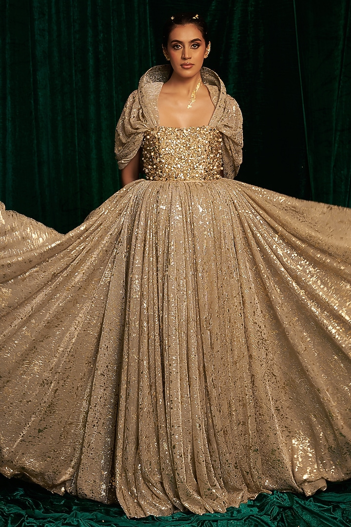Gold Crinkle Foil Sequins Embroidered Corset Wedding Anarkali by MEHAK MAKHIJA at Pernia's Pop Up Shop