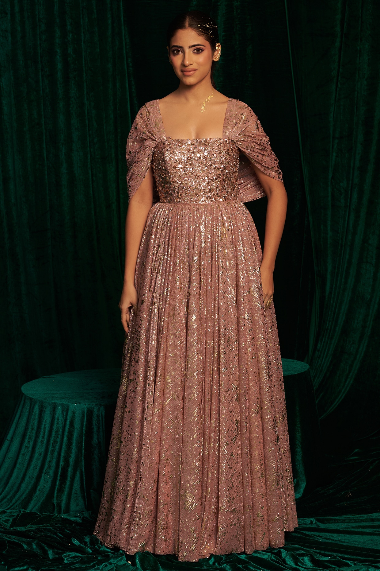 MEHAK MAKHIJA Pink Crinkle Foil Sequins Embroidered Corset Anarkali