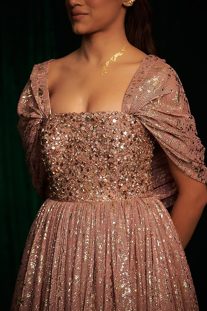 Pink Crinkle Foil Sequins Embroidered Corset Wedding Anarkali by MEHAK MAKHIJA at Pernia's Pop Up Shop