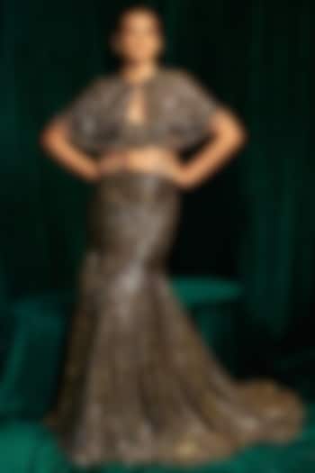 Black Crinkle Foil Sequins Embroidered Fishtail Skirt Set by MEHAK MAKHIJA at Pernia's Pop Up Shop