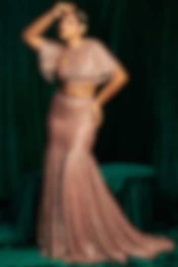 Pink Crinkle Foil Sequins Embroidered Fishtail Skirt Set by MEHAK MAKHIJA at Pernia's Pop Up Shop