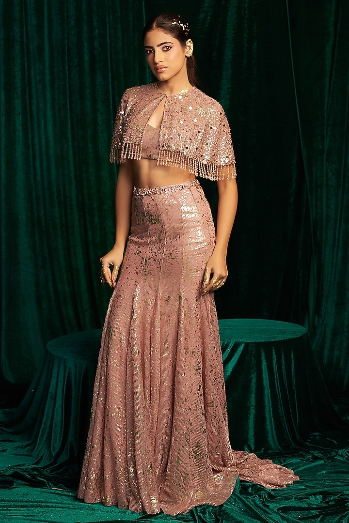 Pink Crinkle Foil Sequins Embroidered Fishtail Skirt Set by MEHAK MAKHIJA at Pernia's Pop Up Shop