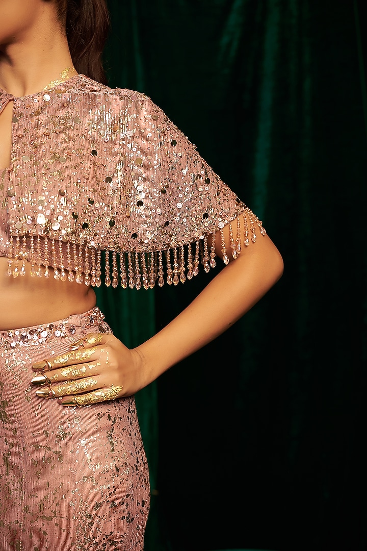 Pink Crinkle Foil Sequins Embroidered Fishtail Skirt Set by MEHAK MAKHIJA at Pernia's Pop Up Shop