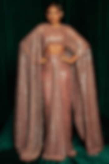 Pink Crinkle Foil Sequins Embroidered Draped Skirt Set by MEHAK MAKHIJA at Pernia's Pop Up Shop