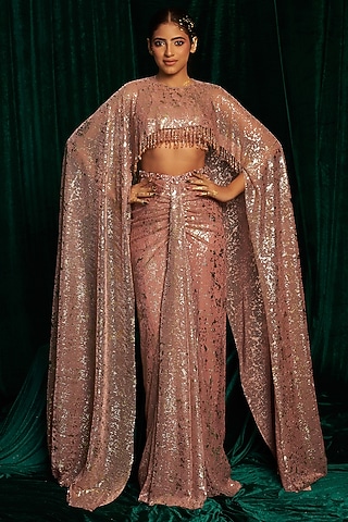 Pink Crinkle Foil Sequins Embroidered Draped Skirt Set by MEHAK MAKHIJA