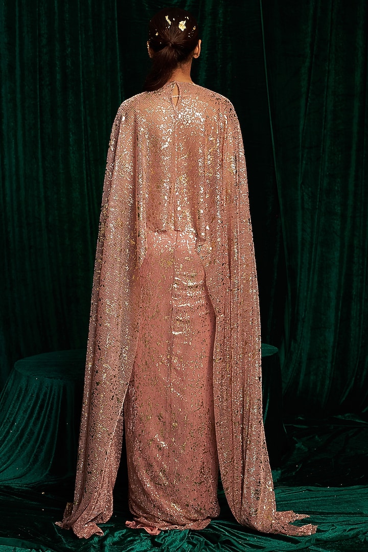 Pink Crinkle Foil Sequins Embroidered Draped Skirt Set by MEHAK MAKHIJA at Pernia's Pop Up Shop