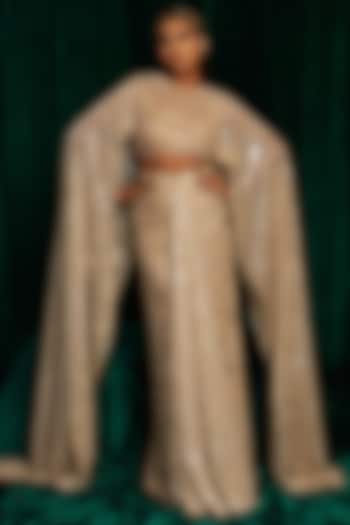 Gold Crinkle Foil Sequins Embroidered Draped Skirt Set by MEHAK MAKHIJA at Pernia's Pop Up Shop