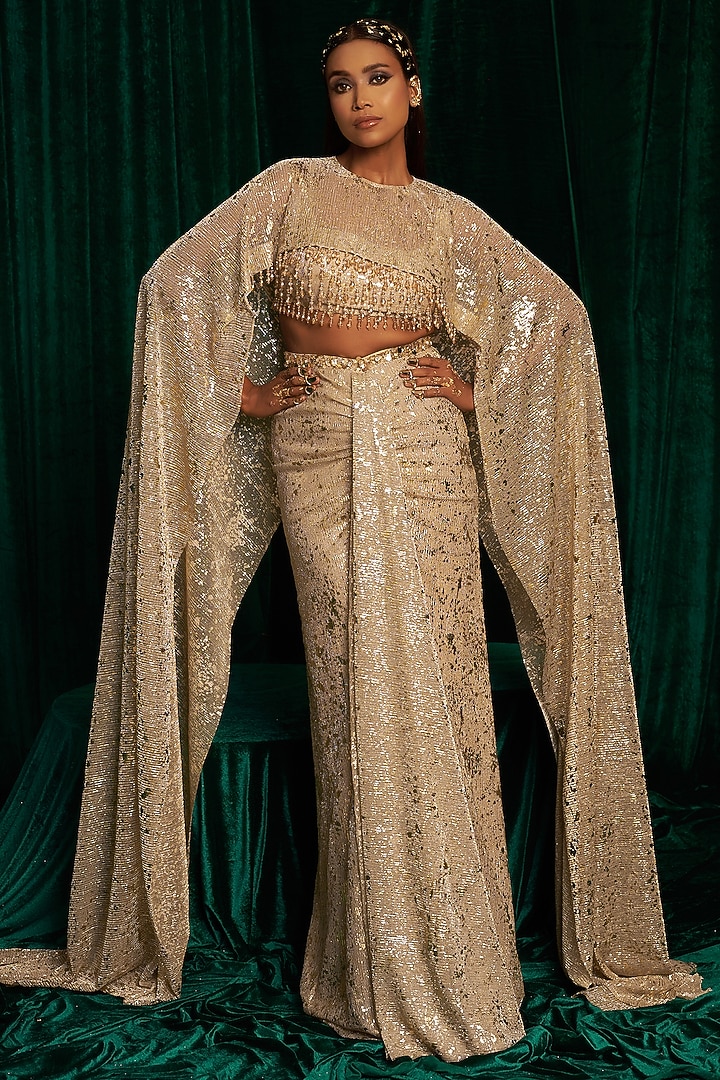 Gold Crinkle Foil Sequins Embroidered Draped Skirt Set by MEHAK MAKHIJA at Pernia's Pop Up Shop