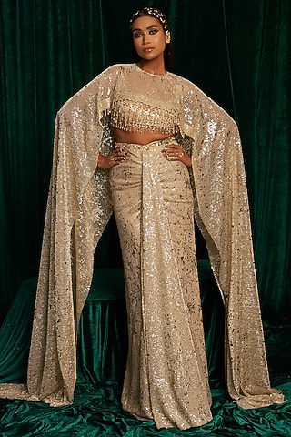 Gold Crinkle Foil Sequins Embroidered Draped Skirt Set by MEHAK MAKHIJA