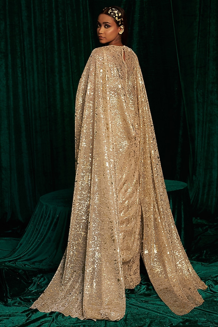 Gold Crinkle Foil Sequins Embroidered Draped Skirt Set by MEHAK MAKHIJA at Pernia's Pop Up Shop