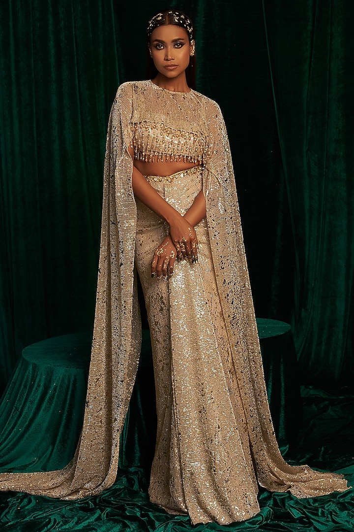 Gold Crinkle Foil Sequins Embroidered Draped Skirt Set by MEHAK MAKHIJA at Pernia's Pop Up Shop