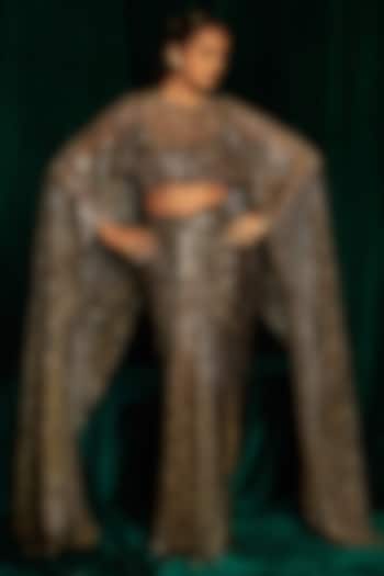 Black Crinkle Foil Sequins Embroidered Draped Skirt Set by MEHAK MAKHIJA at Pernia's Pop Up Shop
