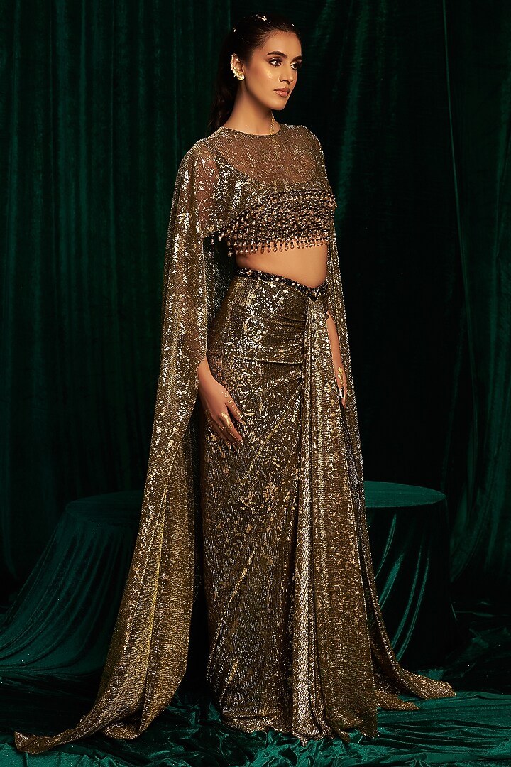 Black Crinkle Foil Sequins Embroidered Draped Skirt Set by MEHAK MAKHIJA at Pernia's Pop Up Shop