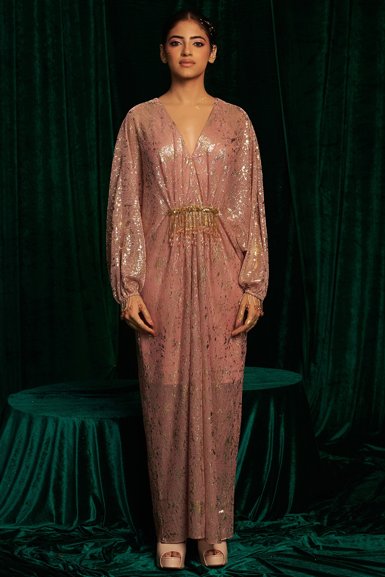 MEHAK MAKHIJA Pink Crinkle Foil Sequins Embroidered Kaftan