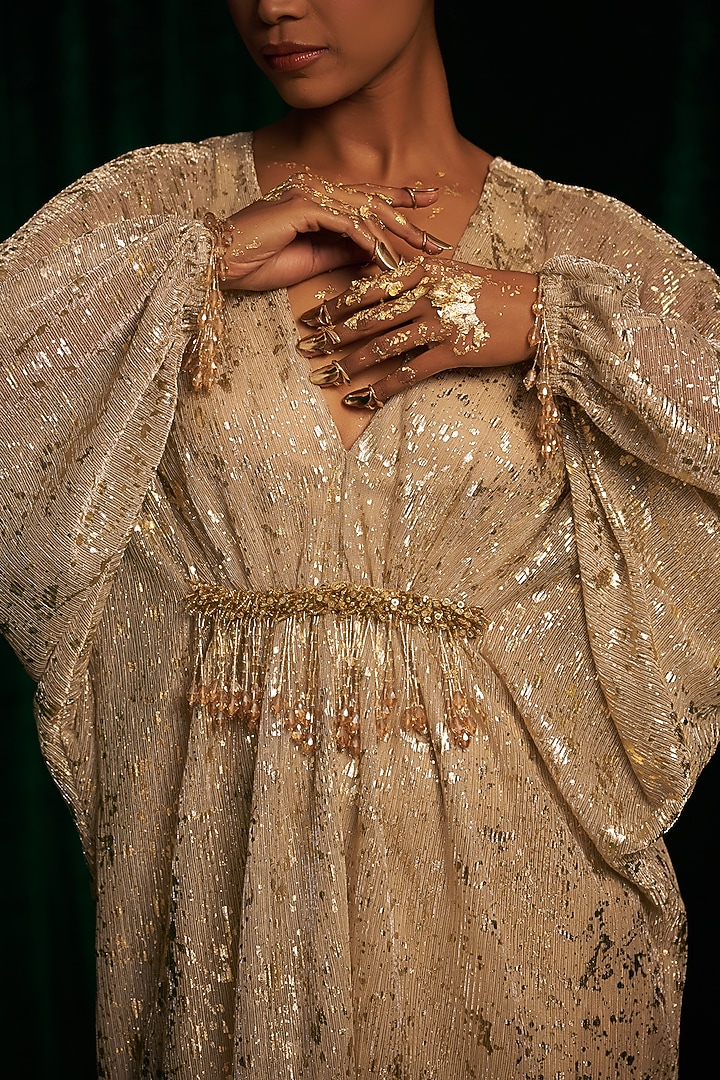 Gold Crinkle Foil Sequins Embroidered Kaftan by MEHAK MAKHIJA at Pernia's Pop Up Shop