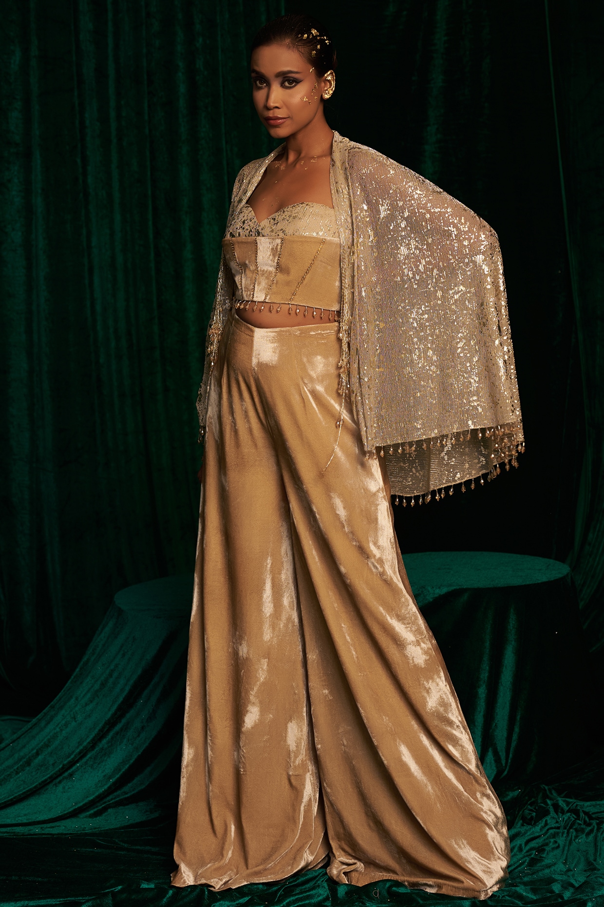 MEHAK MAKHIJA Golden Crinkle Foil Sequins Embroidered Jacket Set