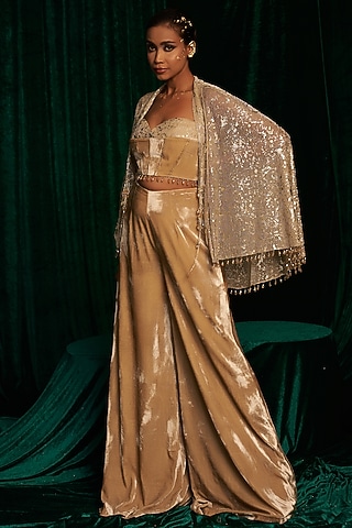 Golden Crinkle Foil Sequins Embroidered Jacket Set by MEHAK MAKHIJA