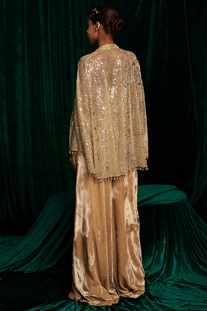 Golden Crinkle Foil Sequins Embroidered Jacket Set by MEHAK MAKHIJA at Pernia's Pop Up Shop