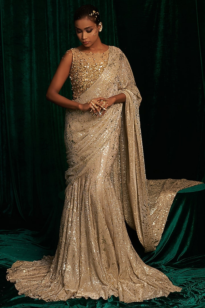 Gold Crinkle Foil Sequins Embroidered Fish-Cut Wedding Saree Set by MEHAK MAKHIJA at Pernia's Pop Up Shop