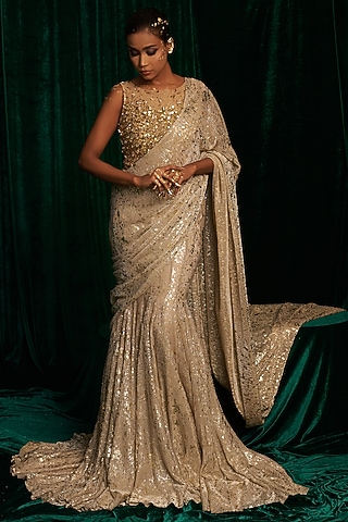 Gold Crinkle Foil Sequins Embroidered Fish-Cut Saree Set by MEHAK MAKHIJA