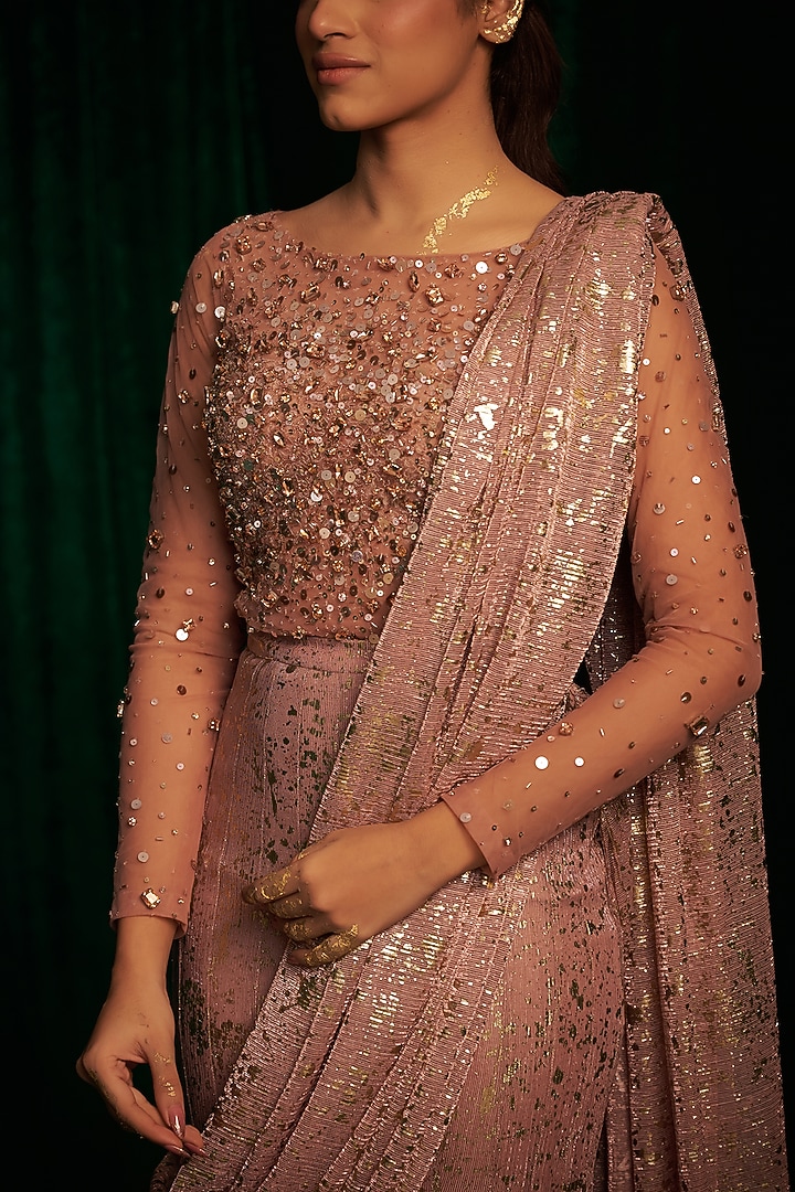 Pink Crinkle Foil Sequins Embroidered Fish-Cut Wedding Saree Set by MEHAK MAKHIJA at Pernia's Pop Up Shop