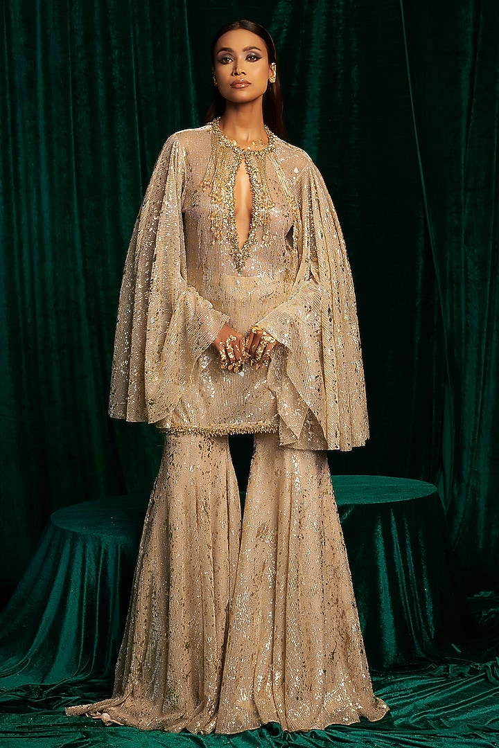 Gold Crinkle Foil Sequin Embroidered Wedding Sharara Set by MEHAK MAKHIJA at Pernia's Pop Up Shop