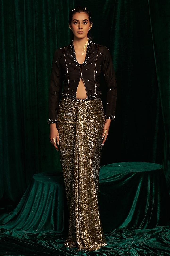 Black Crinkle Foil Draped Skirt Set by MEHAK MAKHIJA at Pernia's Pop Up Shop