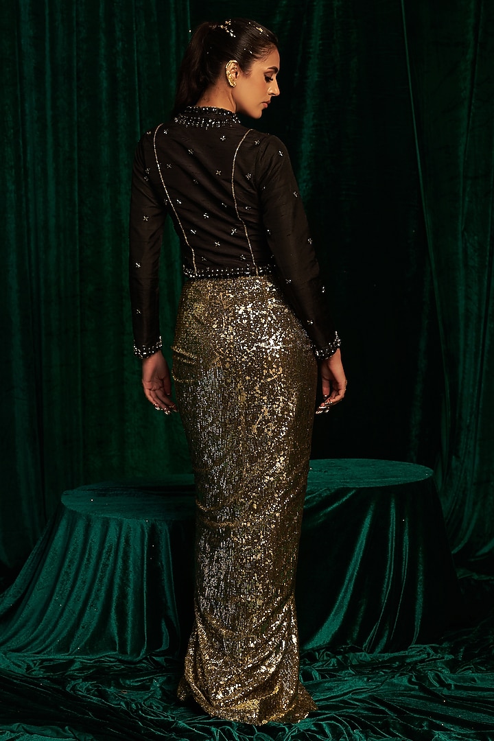 Black Crinkle Foil Draped Skirt Set by MEHAK MAKHIJA at Pernia's Pop Up Shop