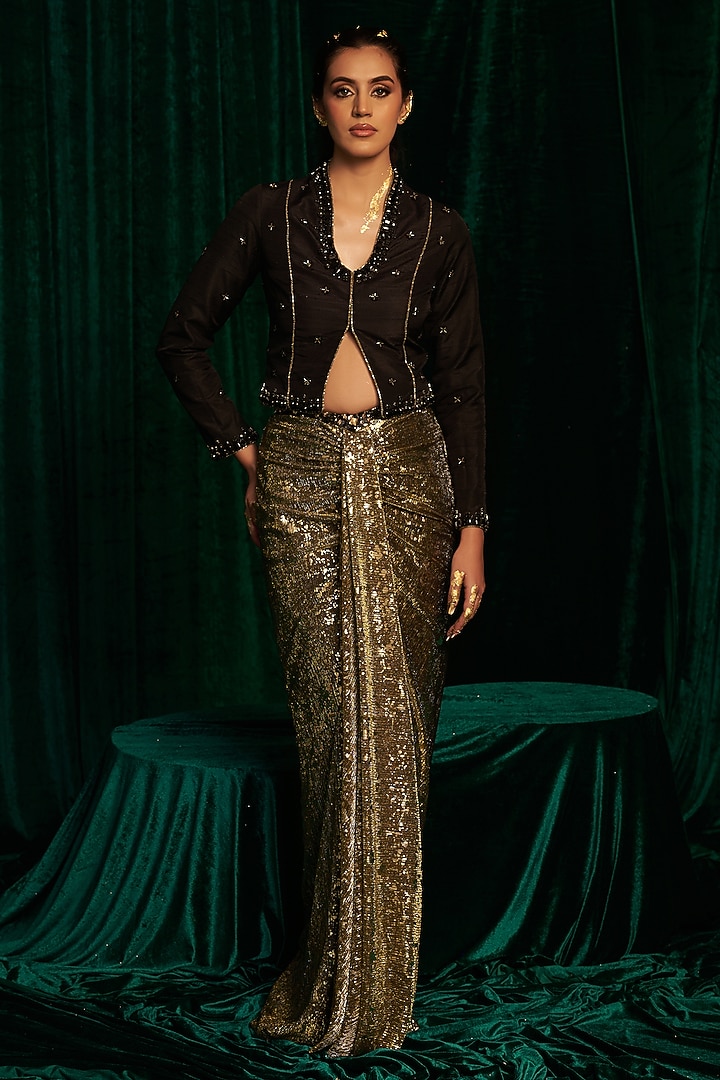 Black Crinkle Foil Draped Skirt Set by MEHAK MAKHIJA at Pernia's Pop Up Shop