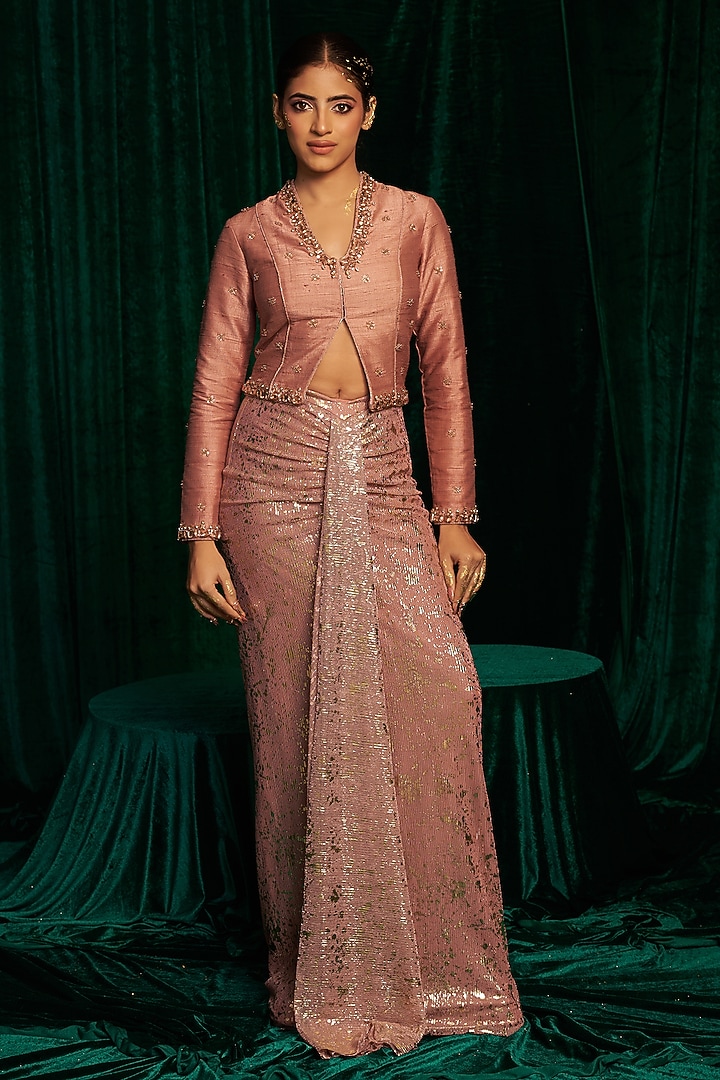 Pink Crinkle Foil Draped Skirt Set by MEHAK MAKHIJA at Pernia's Pop Up Shop
