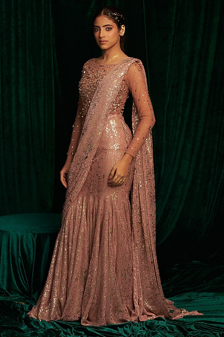 Blush Pink Crinkle Foil Sequin Embroidered Fish-Cut Wedding Saree Set by MEHAK MAKHIJA at Pernia's Pop Up Shop