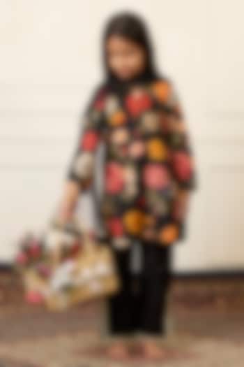 Black Handwoven Chanderi Printed Kurta Set For Girls by Mamma Plz at Pernia's Pop Up Shop