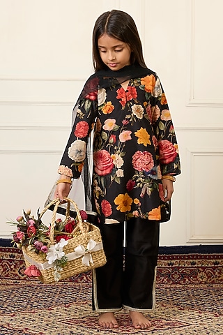 Black Handwoven Chanderi Printed Kurta Set For Girls by Mamma Plz