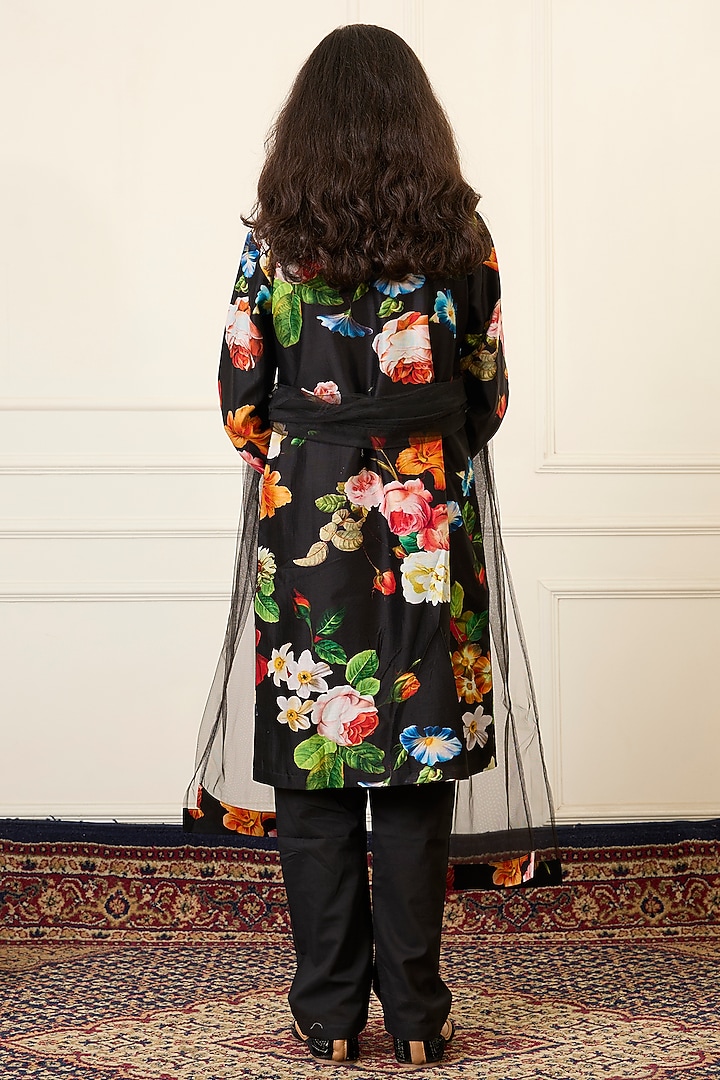 Black Handwoven Chanderi Printed Kurta Set For Girls by Mamma Plz at Pernia's Pop Up Shop