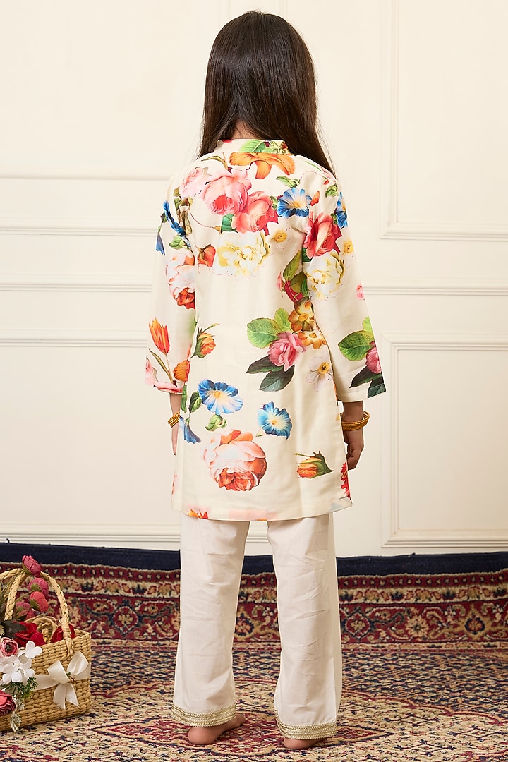Ivory Handwoven Chanderi Printed Kurta Set For Girls by Mamma Plz at Pernia's Pop Up Shop