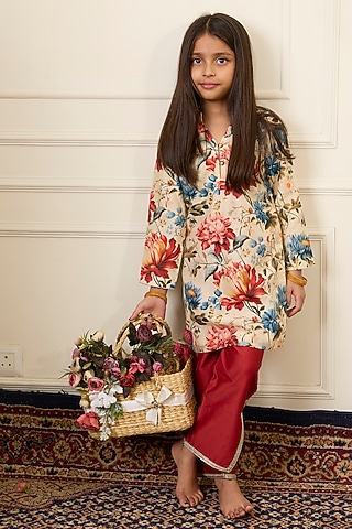Multi-Colored Handwoven Chanderi Printed Kurta Set For Girls by Mamma Plz