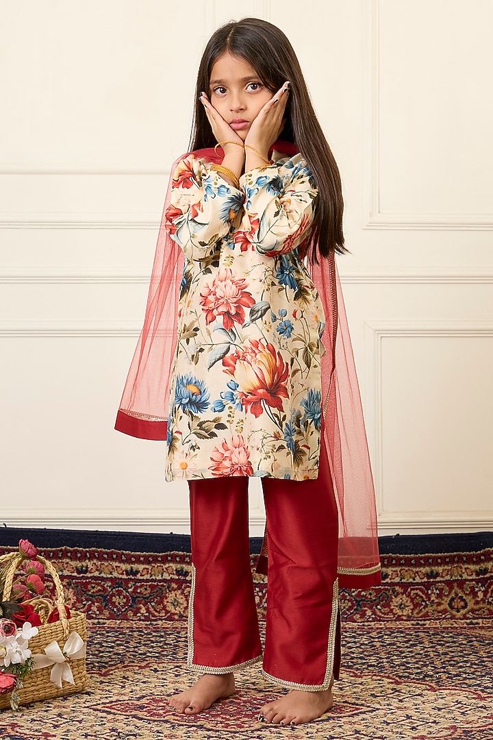 Multi-Colored Handwoven Chanderi Printed Kurta Set For Girls by Mamma Plz at Pernia's Pop Up Shop