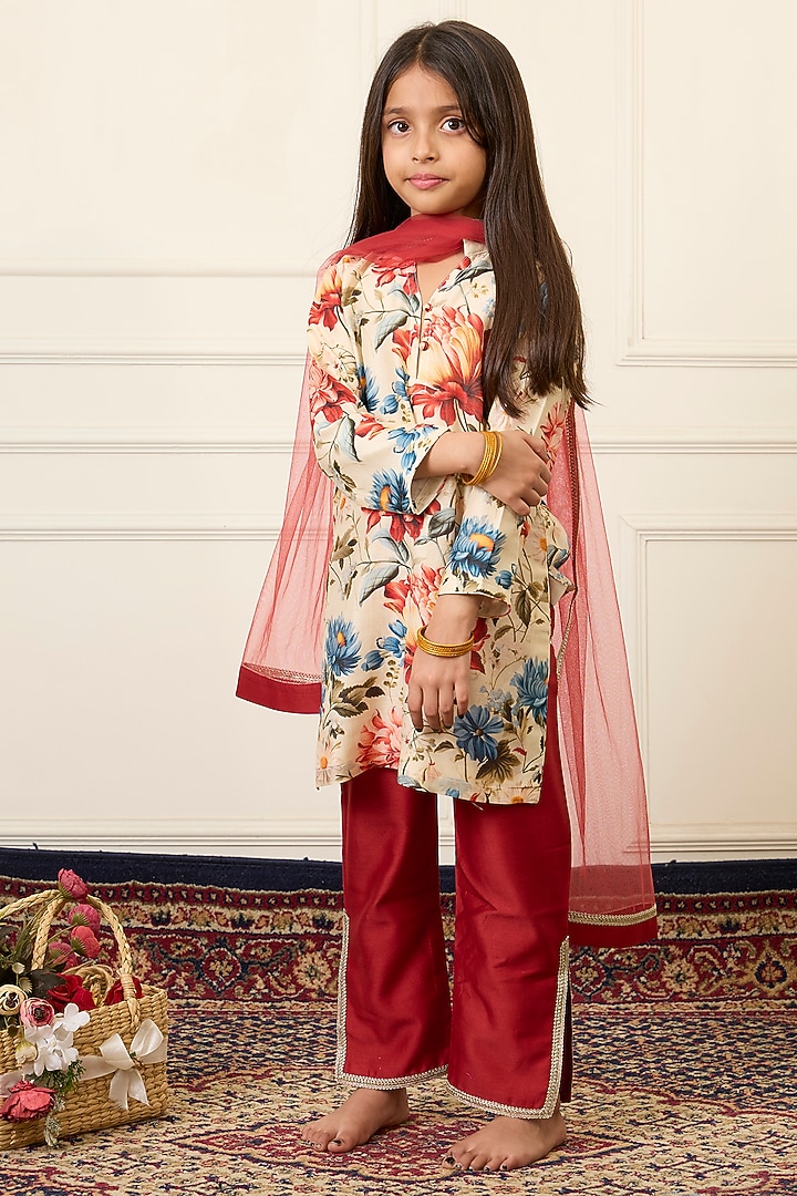 Multi-Colored Handwoven Chanderi Printed Kurta Set For Girls by Mamma Plz at Pernia's Pop Up Shop