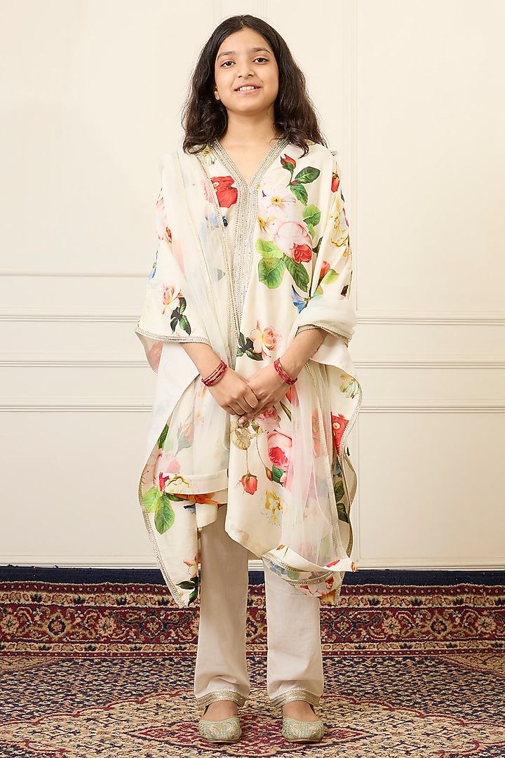 Multi-Colored Handwoven Chanderi Printed Kaftan Set For Girls by Mamma Plz at Pernia's Pop Up Shop