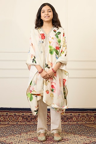 Multi-Colored Handwoven Chanderi Printed Kaftan Set For Girls by Mamma Plz